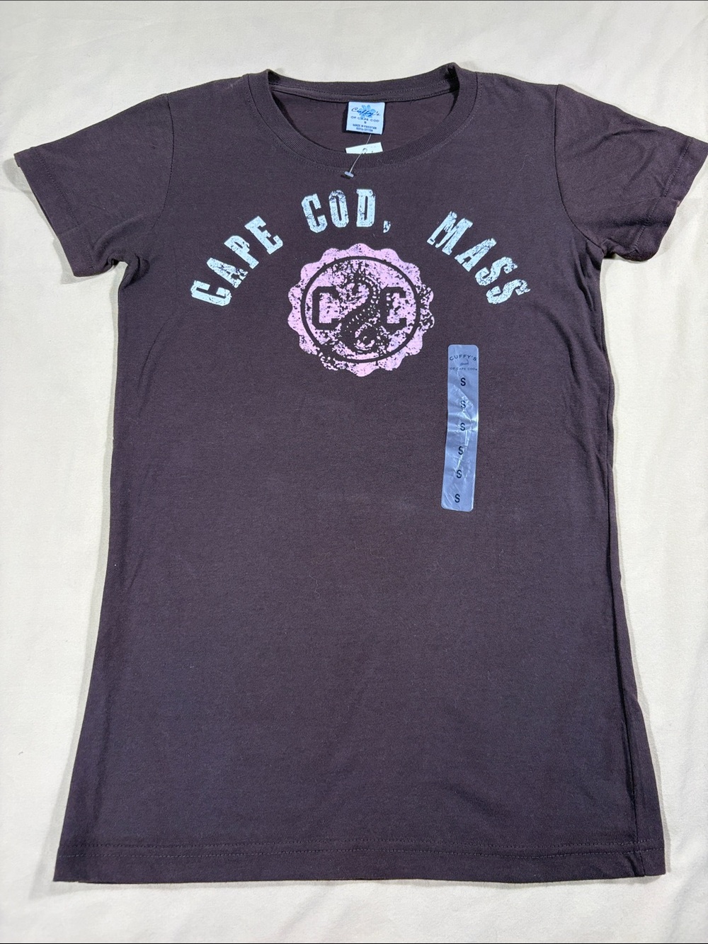 Cuffy's of Cape Cod Womens Graphic Tee Teak Brown Pink Seahorse Small